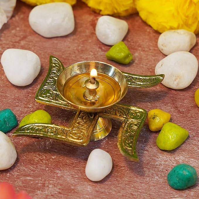 Elegant Swastik Diya with Velvet Gift Box for Diwali 2025 | Gold Metal Prosperity Indian Home Puja Decor
